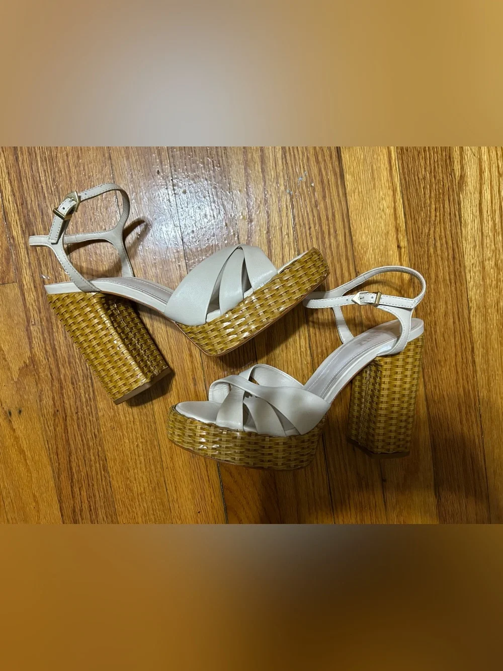 SCHUTZ Cream Platform Sandals with Woven Tan Rattan Heel